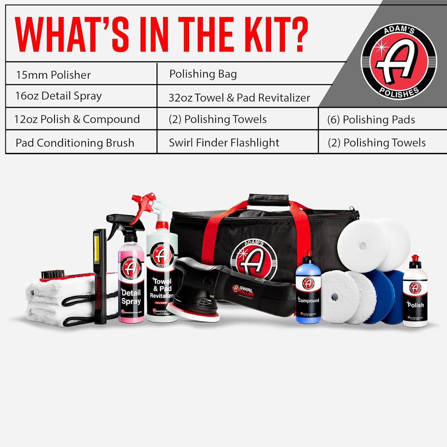 Adam's Polishes Swirl Killer 15mm Polisher Kit 16 Item Buffer Polisher Dual Action Machine Use W/Car Polish, Polishing Compound, or Car Scratch Remover | Detailing Car Wash Clay Bar Ceramic Coating