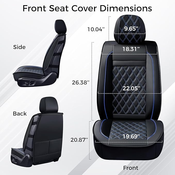 Huidasource Front Car Seat Covers, Leather Car Seat Cushion, Automotive Car Seat Cover Protector Universal Fit Front Seat, Airbag Compatible, for Most Cars,Vans,Trucks, SUVs (Front Pair/Black&Blue)
