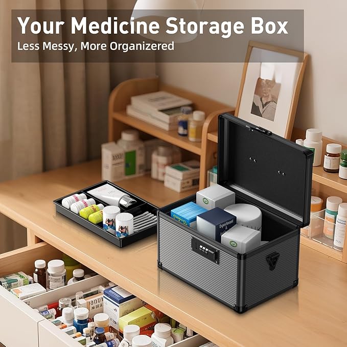 Medicine Lock Box with Code, Locking Medicine Box with Removable Tray, Portable First Aid Box for Home, 10 * 6.9 * 6.9 Inch (Black)