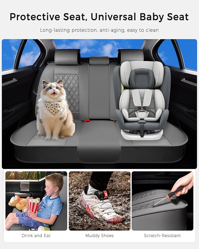 Huidasource Gray Back Seat Cover, Rear Split Bench Leather Rear Seat Cover, Adjustable Back Seat Car Cover with Non-Slip, Universal Fit for Most Cars Sedan SUV Pickup Truck (Back Row/Gray)