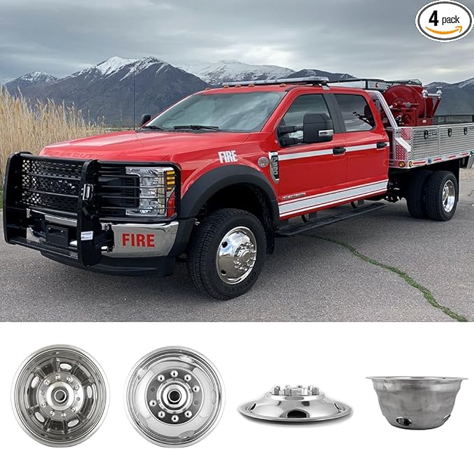 4pc 19.5" Polished Stainless Steel Dually Wheel Simulators,Nice Looking and Durable Bolt On Wheel Cover, 10 Lug 5 Hand Hole Hubcaps Fit for 2005-2021 Ford F450/F550 with Installation Tool 9F10