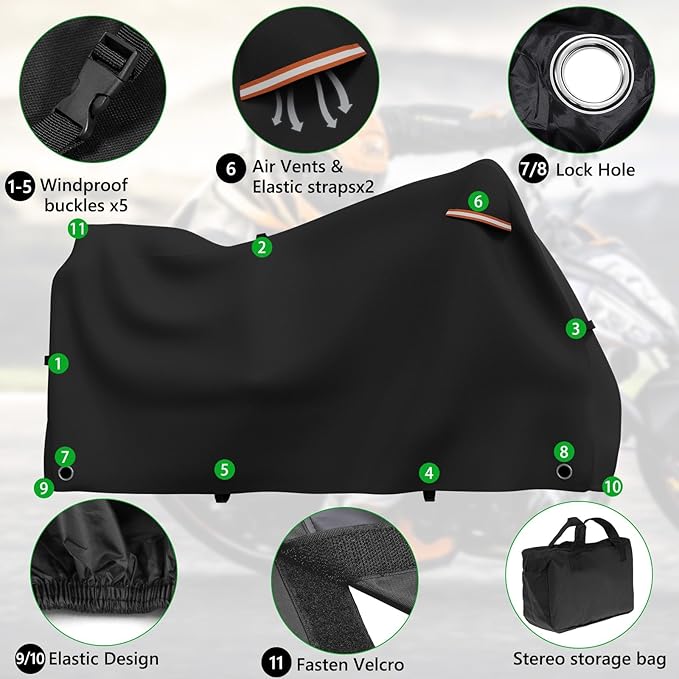 Roasivi Motorcycle Covers Waterproof Outdoor Storage for Harley Davidson Touring Models Heavy Duty Cover for General Motorcycle 110" L x 45" W x 59" H Black