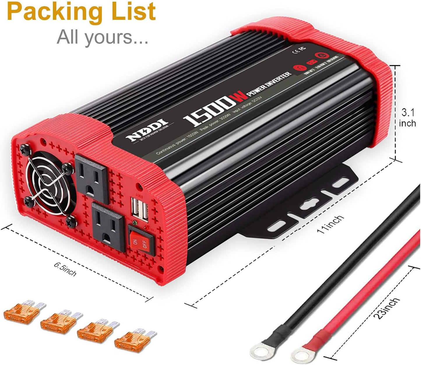 1500W Car Power Inverter 12V DC to 110V AC Car Converter Charger Adapter with Dual 3.1A USB Port and AC Outlets Quick Charging