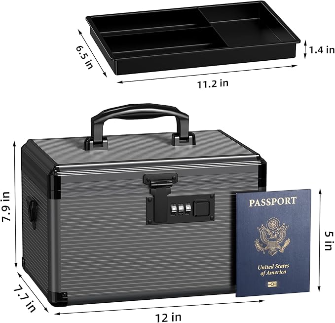 Medicine Lock Box with Code, Locking Medicine Box with Removable Tray & Pocket Bag, Portable First Aid Box for Home, 12 * 7.7 * 7.9 Inch (Black)