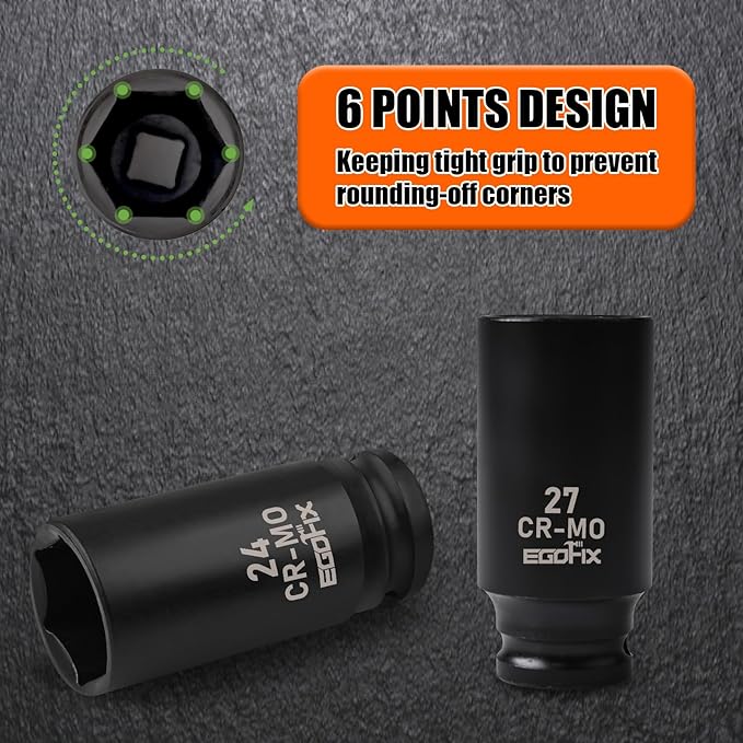 1/2" Drive Deep Impact Socket, 27mm Metric Socket, Axle Nut Socket CR-MO 6 Point for Easy Removal of Axle Shaft Nuts