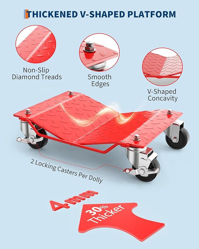 Car Wheel Dolly Set of 2,3000 LBS Capacity Heavy Duty Vehicle Mover Dolly with Brakes for Moving Cars, Trucks, Trailers and Motorcycles, Red