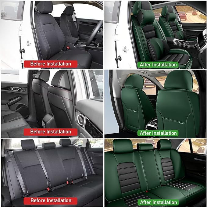 Car Seat Covers Fit for Toyota Highlander 2000-2025 | 7 Seat Car Seat Cover | No-Slip Waterproof Breathable Faux Leather Automotive Seat Covers Auto Interior Covers Black Green,Full Set with Pillow