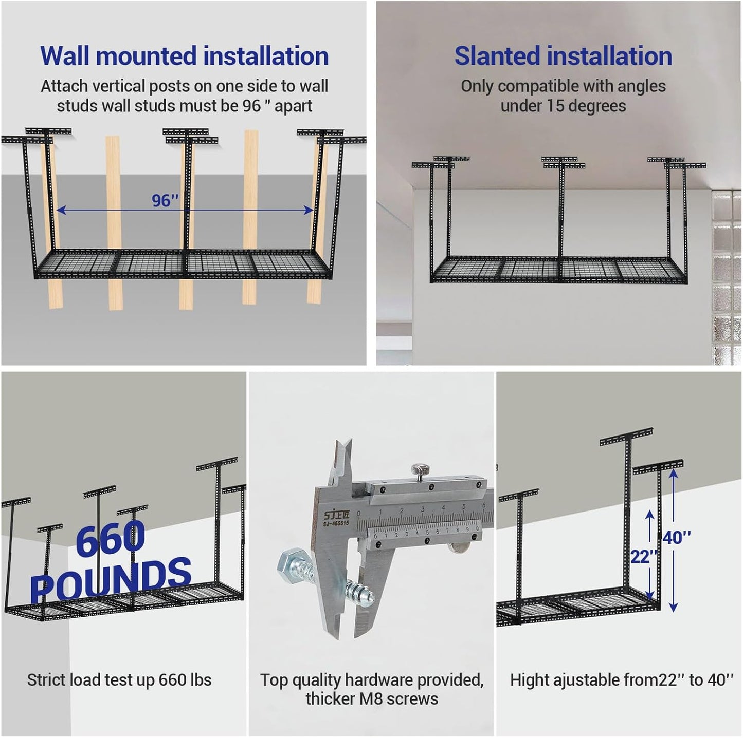 Overhead Garage Storage Rack 4x8 FT, Steel Ceiling Shelves 660lb Capacity, Height Adjustable 22-40 Inches, Space-Saving for Attic Basement Shed (Black, 6 Posts)