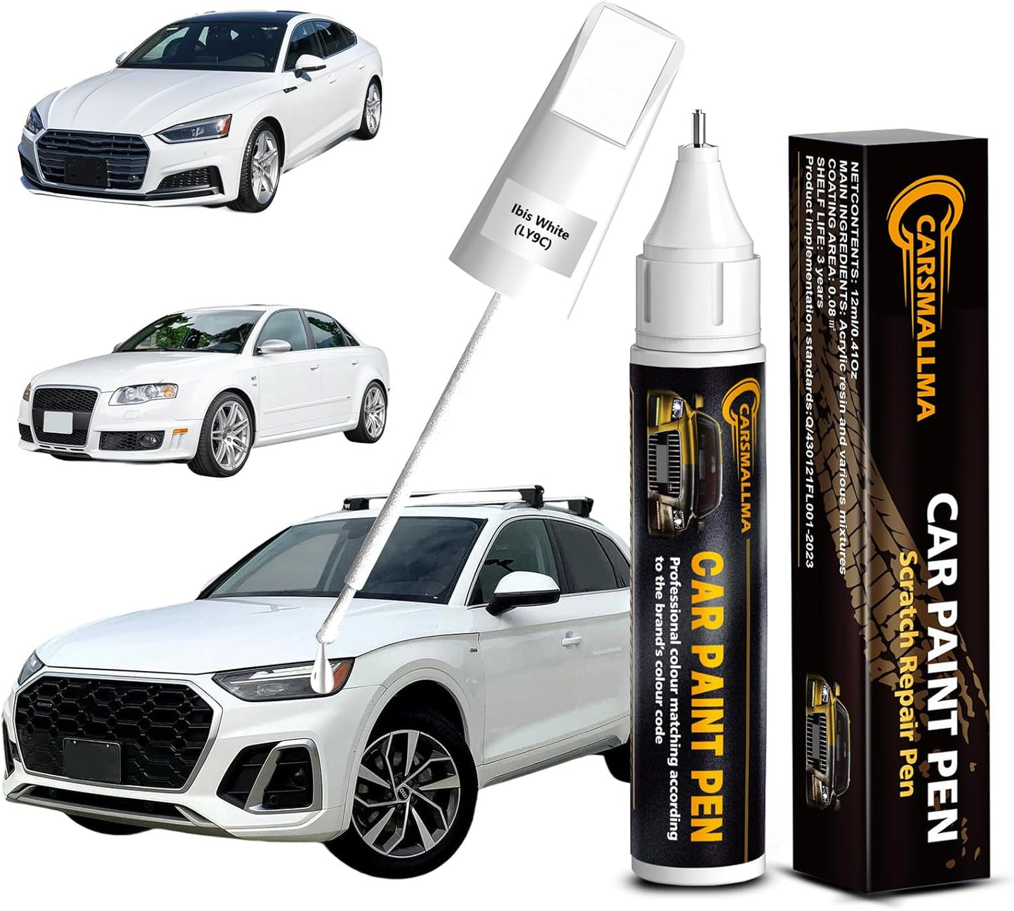 LY9C Ibis White Car Touch Up Paint for Audi, Color Accurate Car Paint Scratch Repair Pen Kit Quick & Easy Fix Vehicle Chips and Automotive Nicks Scuff