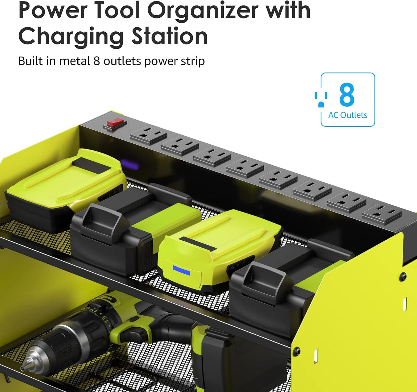 CCCEI Modular Power Tool Organizer Wall Mount with Charging Station. Garage 4 Drill Storage Shelf with Hooks, Screwdriver, Drill Bit Heavy Duty Rack, Tool Battery Holder Built in 8 Outlet Power Strip.