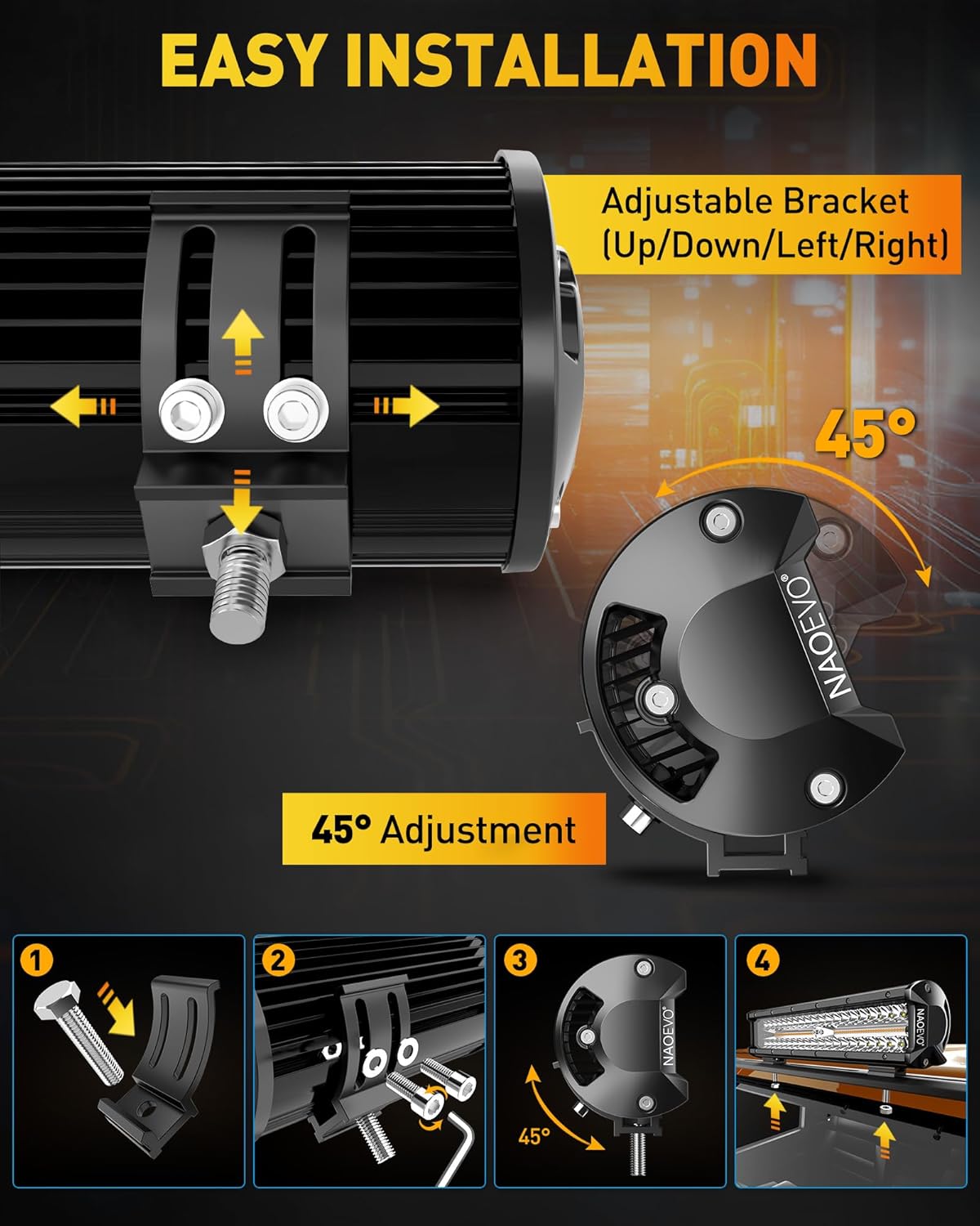 NAOEVO 12 Inch LED Light Bar, 300W 30000LM LED Offroad Fog/Driving Lights with 2 Leads Wiring Harness, Spot & Flood Combo, Work for Truck Boat UTV ATV, 1 Pc (White/Amber/White&Amber)