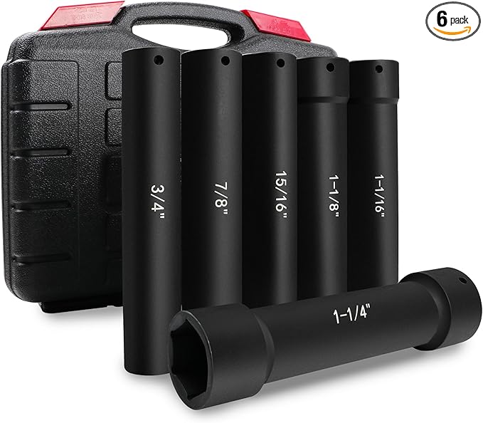 6.75 Inch Long Extended Length Impact Socket Set 1/2 Inch Drive Extra Deep Sockets Heavy Duty Steel With Hex Sizes 3/4" 7/8" 15/16" 1-1/16" 1-1/8" 1-1/4" for High Torque Use 6PCS