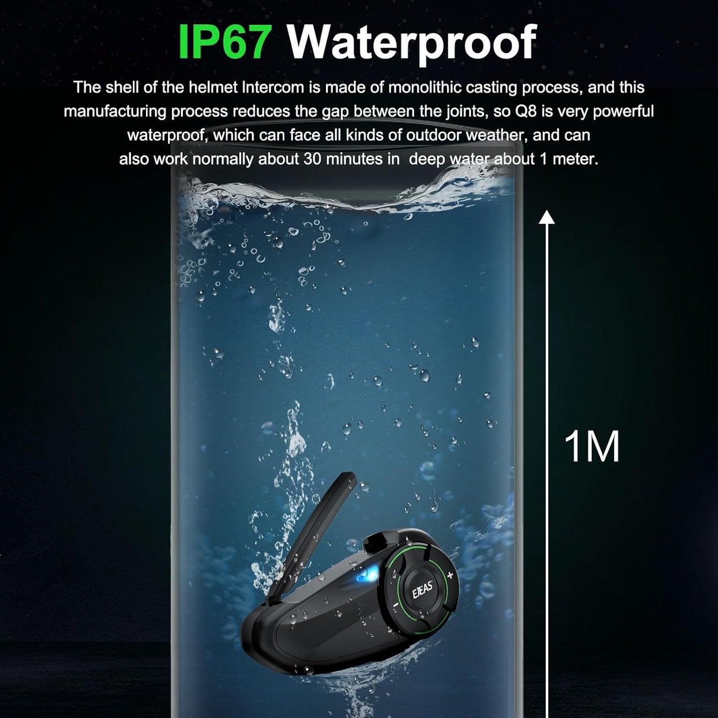 EJEAS Q8 1PC Motorcycle Bluetooth Headset, Upgraded Mesh 3.0 Intercom System with Music Sharing and IP67 Waterproof for 6 Riders Group Talking