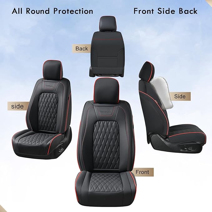 Coverado Leather Seat Covers Full Set for Ford F150F250F350F450(2015-2025)Waterproof Automotive Cushion Covers for Pick-Up Trucks Custom Fit for F150 SuperCrew&F250–F450 Super Duty Crew Cab(Red Line)