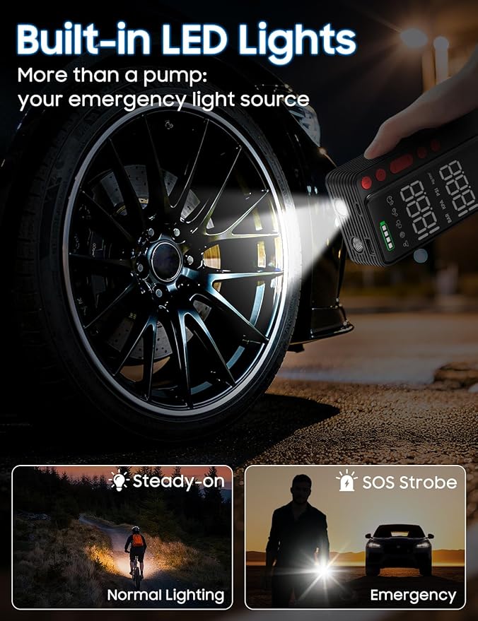 Tire Inflator Portable Air Compressor, 10000mAH&150PSI Smart APP Cordless Air Pump For Car Tires, Built-in Accessories Storage, Bike Pump with Digital Gauge&LED Light for Motorcycle, Ball