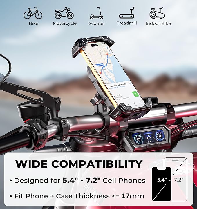 Motorcycle Phone Mount [Secure Lock] One-Handed Operation Motorcycle Cellphone Holder, Bicycle Scooter Handlebar Clamp, Bike Phone Mount with Aluminum Alloy Base Fit for 5.4"-7.2" Smartphone