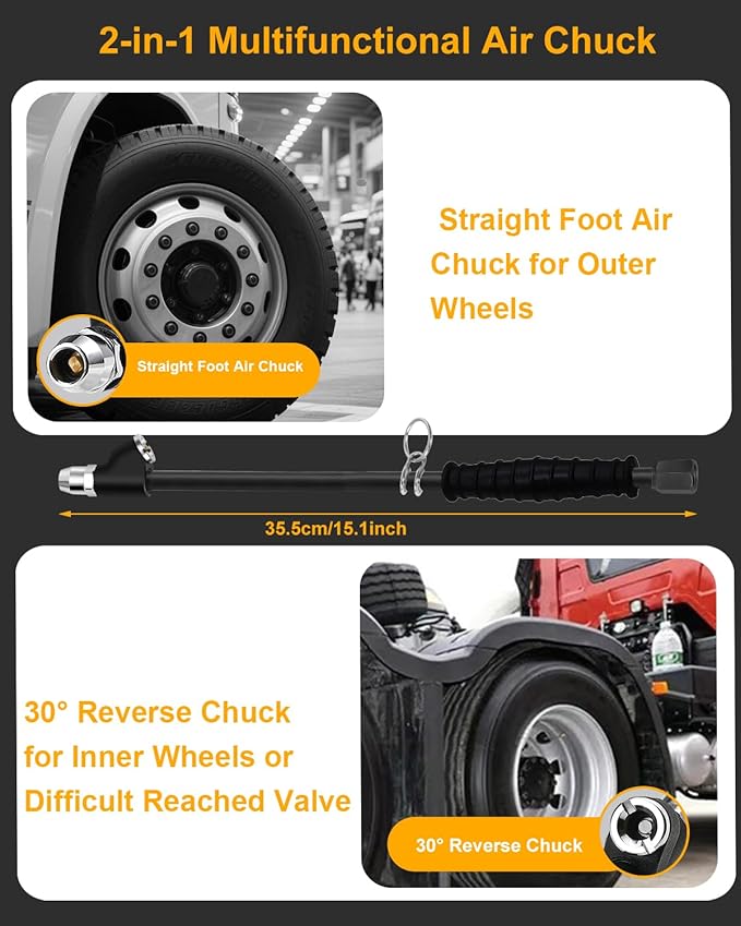 GODESON 15" Extended Reach Dual Head Air Chuck, 1/4" NPT Tire Inflator Nozzle with Quick Plug – Heavy Duty Air Compressor Chuck Kit for Semi, Truck, RV, Dually Tires, Close Flow Tire Chucks