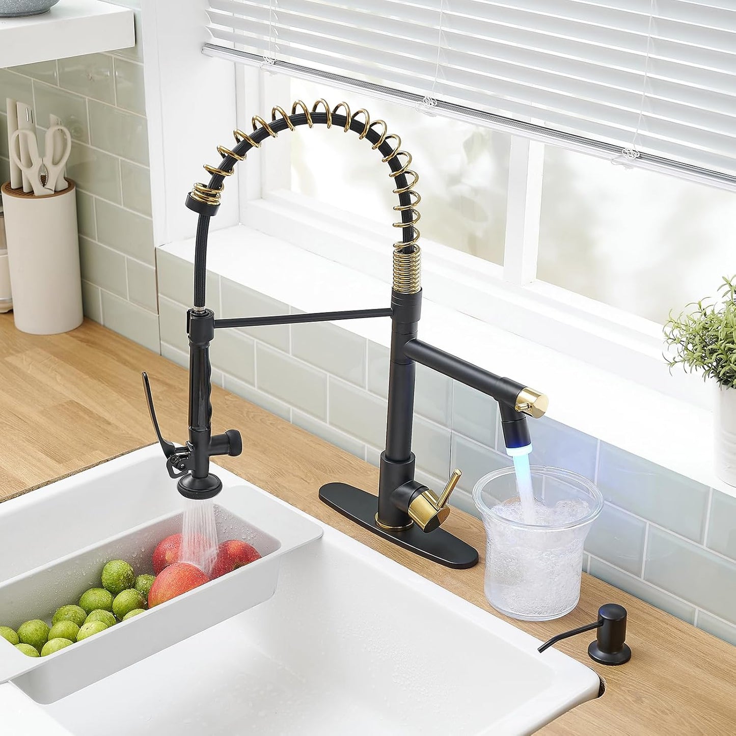 Fapully Commercial Kitchen Faucets with Pull Down Sprayer Matte Black&Gold LED Kitchen Faucet with Soap Dispenser and Deck Plack for 4 Hole, Single Handle Faucet for Kitchen Sink