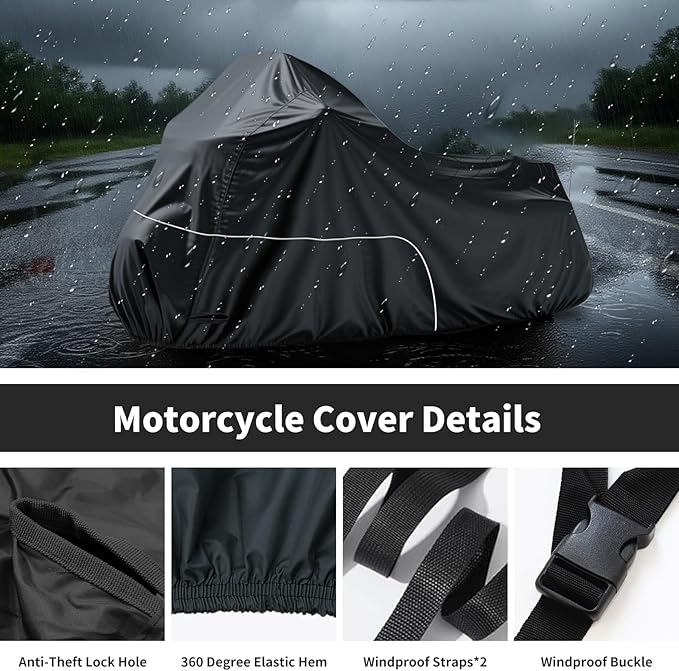 Motorcycle Cover fits for Harley Davidson Road King Road Glide Electra Glide Low Rider-ST HD Goldwing, All Weather Cruiser Motorcycle Cover, Black