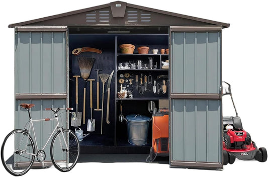 IKERY Metal Storage Shed - 8.2' x 6.2' with Double Lockable Doors and Air Vents, Utility Tool Shed for Backyard, Patio and Garden, Brown