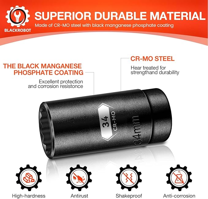 BLACKROBOT 34 mm 12-Point Deep Impact Socket, 1/2 Inch Drive, Metric, Black Manganese Phosphate Coating