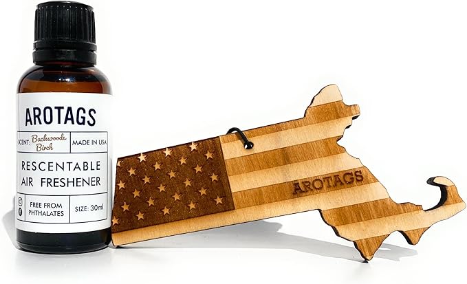Arotags Car Air Freshener - Reusable Wood Diffuser - Hanging Odor Eliminator - Massachusetts Patriot - Balsam & Cedar Scent
