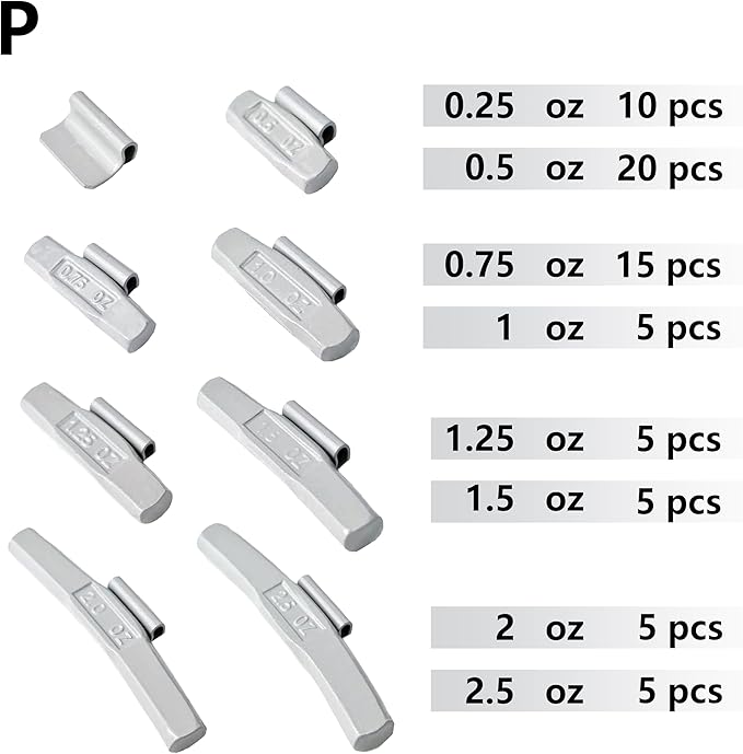 P-M70 Wheel Weight Kit P StyleGrey 70pcs/kit: 1/4oz 10pcs, 1/2oz 20pcs, 3/4oz 15pcs, 1oz 5pcs, 1 1/4oz 5pcs, 1 1/2oz 5pcs, 2oz 5pcs and 2 1/2oz 5pcs