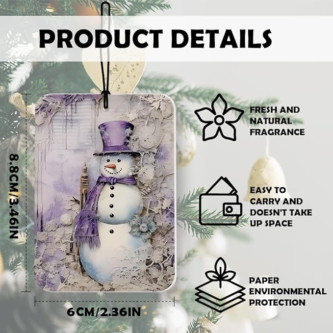 Purple Christmas Winter Car Air Freshener 4 Pcs, Winter Christmas Floral Gift Box Gingerbread Snowman Santa Claus Air Freshener Hanging Decor for Cars Closet Drawer Books Accessories Gifts