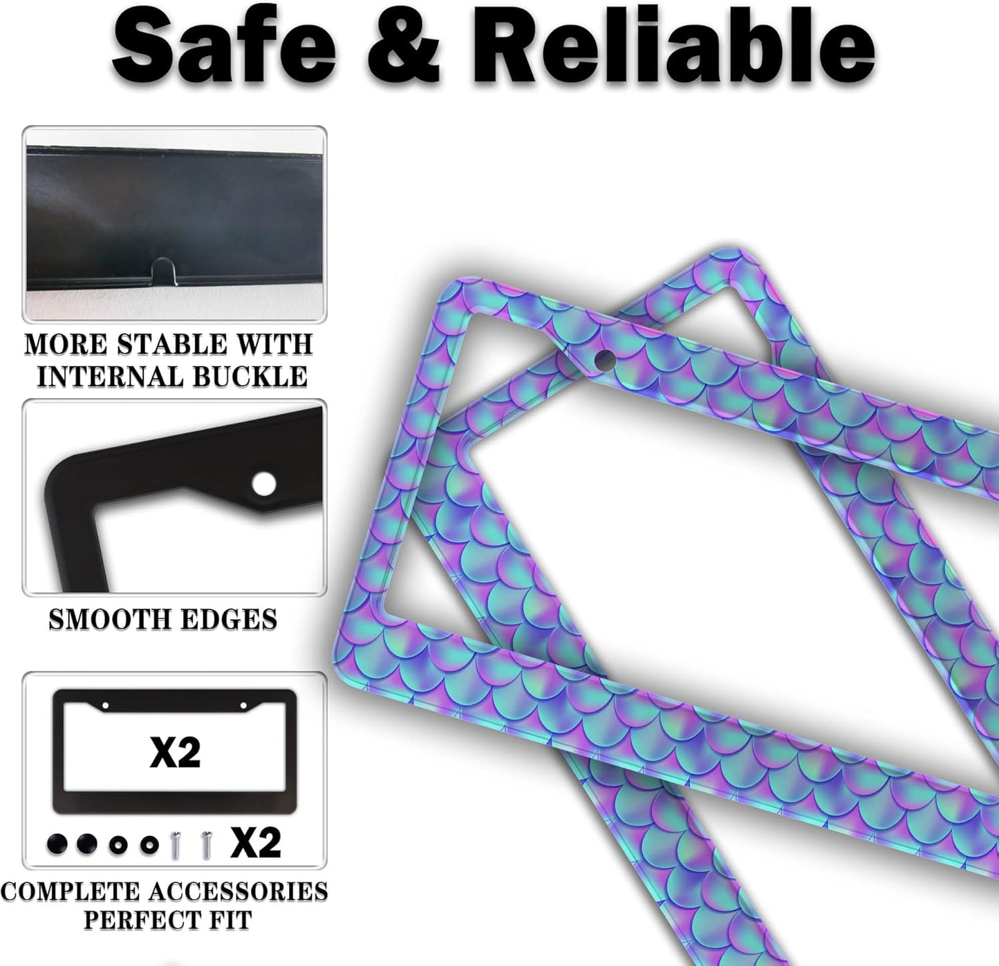License Plate Frames for Men Purple; License Plate Frame for Women Mermaid Purple Scales Aluminum Metal Car Accessory 2 Pack with Screw Covers Set