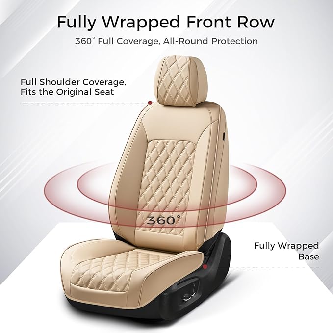 Huidasource Beige Front Seat Covers, Leather Car Seat Covers Front Seats, Driver Seat Cover Waterproof, Airbag Compatible, Universal Fit for Most Cars, Vans, Trucks, SUVs (Front Pair/Beige)