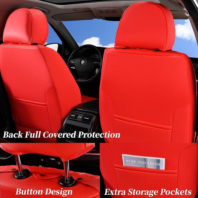 Coverado Car Seat Covers Full Set, Front Seat Cover and Back Seat Covers for Cars, Faux Leather Waterproof Seat Covers, Car Seat Protectors, Automotive Seat Covers Universal for Most Vehicles Red