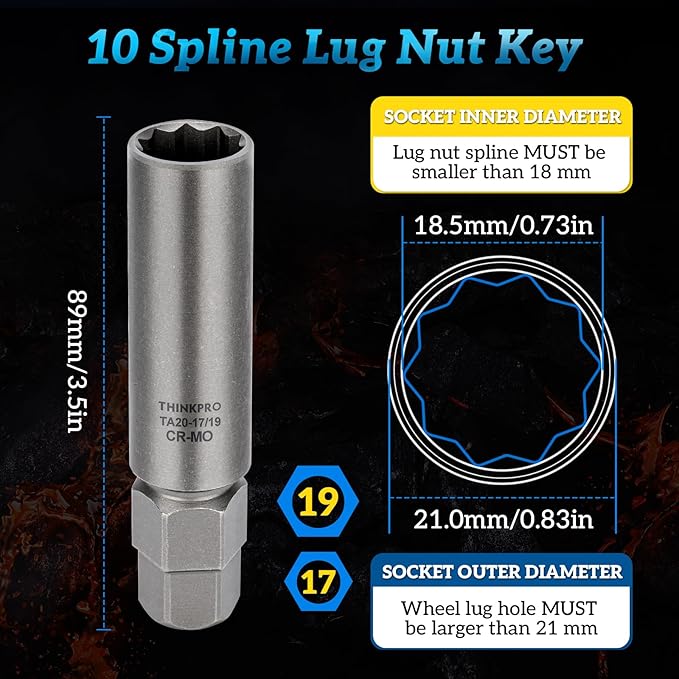 10 Spline Lug Nut Socket,Replacement for Ta20 17/19 10 Spline Lug Nut Key,Dual Drive 10 Point Wheel Lock Key,Compatible with Bimecc 10 Point Socket.