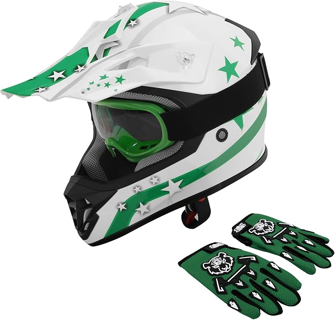XFMT DOT Youth Kids Dirt Bike Helmet Full Face Motocross Helmets for Off-Road ATV Street Bike Four Wheeler Motorcycle with Goggles & Gloves, Green Star Large