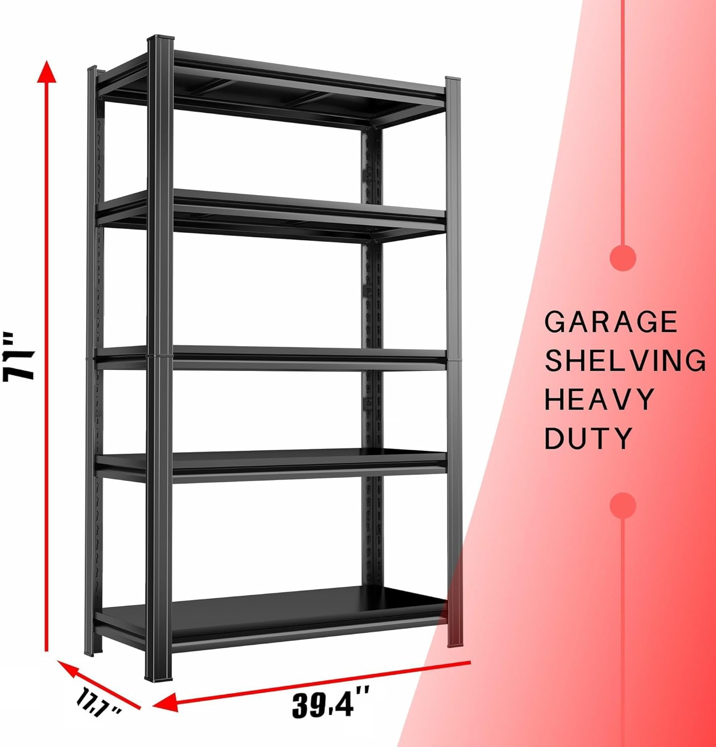 2500lb Capacity Heavy Duty Industrial Shelves | 5-Tier Steel Storage Rack | Adjustable Garage, Warehouse, Workshop Shelving | 71" H x 39.4" W x 17.7" D | Black