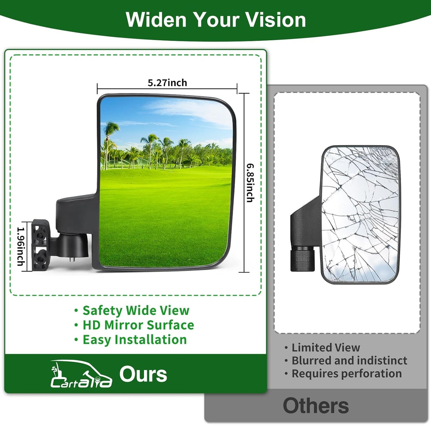 Golf Cart Mirrors Kit for EZGO Club Car Yamaha, No-Drilling Night Safety Reflective Design Golf Cart Side Mirror and Rear View Mirror Kit Universal Foldable and Adjustable Rotatable HD Glass