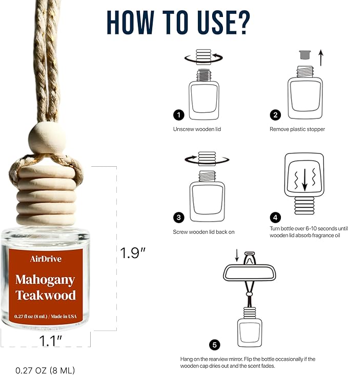 Car Air Freshener Mahogany Teakwood 2 Pack – Woody Aroma Diffuser, Long-Lasting Mahogany & Teakwood Hanging Oil Diffuser with Wooden Cap, Non-Toxic Car Air Freshener, Made in USA