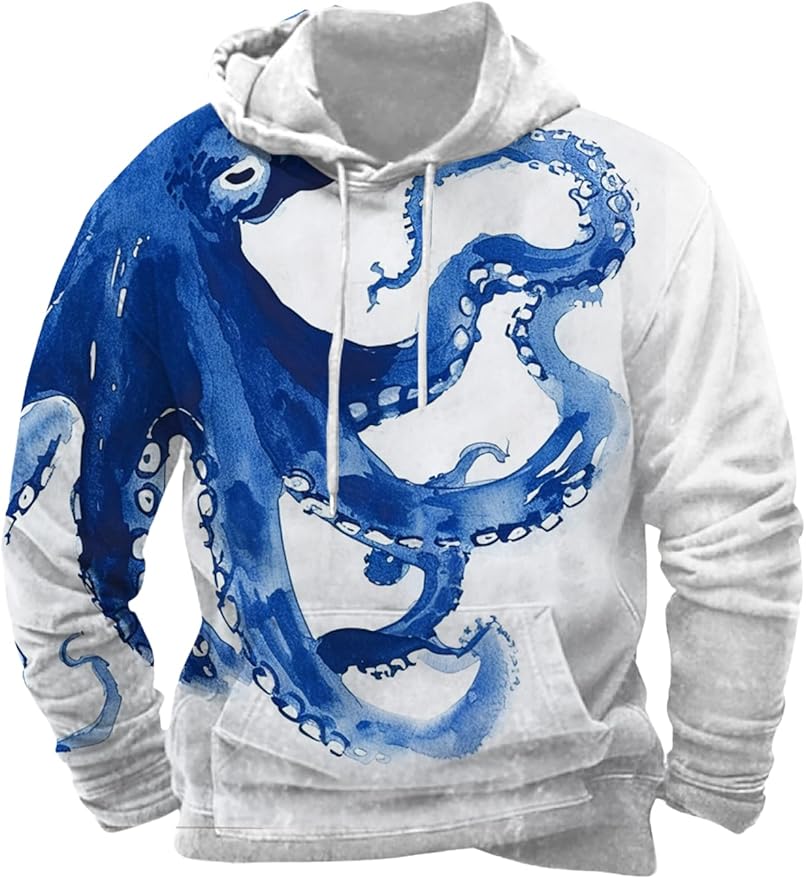 Mens Animal Print Graphic Hoodies Casual Long Sleeve Japanese Art Style Hooded Sweatshirt Lightweight Pullover Tops