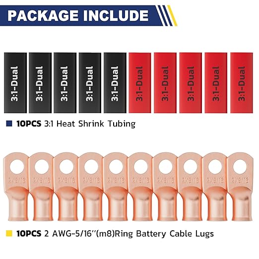 haisstronica 10pcs 2 AWG - 5/16" (M8) Battery Cable Lugs, Heavy Duty Copper Wire Lugs with 10pcs 3:1 Adhesive Heat Shrink Tubing, 2 Gauge Wire Connectors Battery Terminal Connector, Battery Cable Ends
