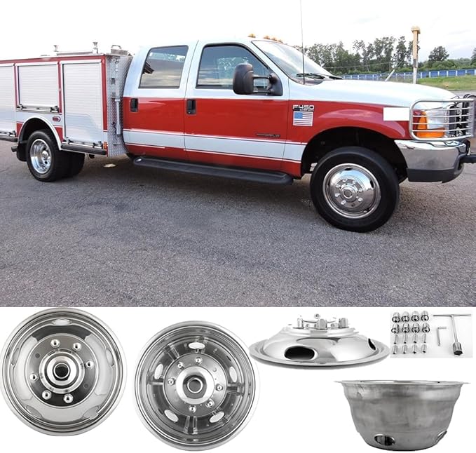 4pcs 19.5" Polished Stainless Steel Dually Wheel Simulators, Nice Looking and Durable Bolt On Wheel Cover,8 Lug Hubcaps Fit for Ford 1999-2004 F450/F550 Truck with Installation Tool Kit C19F8
