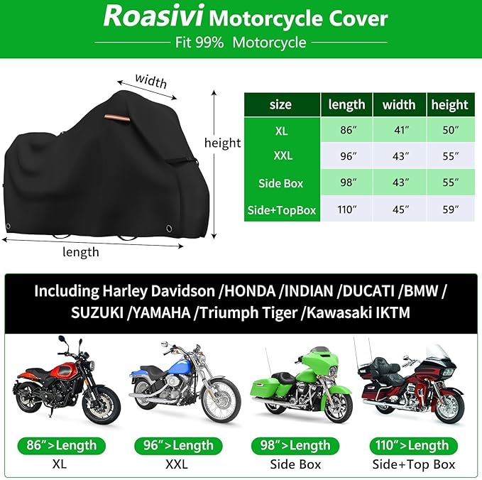 Roasivi Motorcycle Covers Waterproof Outdoor Storage for Harley Davidson Touring Models Heavy Duty Cover for General Motorcycle 98" L x 43" W x 55" H Black