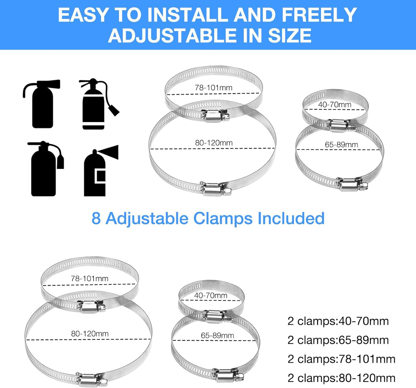 Vehicle Fire Extinguisher Mount Bracket, Aluminum Adjustable Quick Release Roll Bar Fire Extinguisher Bottle Mount with 8 Clamps, Compatible with Jeep Wrangler JK TJ Rubicon UTV, Silver