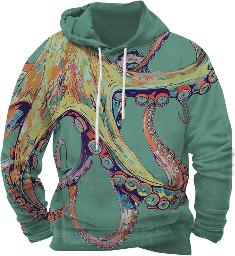 Mens Animal Print Graphic Hoodies Casual Long Sleeve Japanese Art Style Hooded Sweatshirt Lightweight Pullover Tops