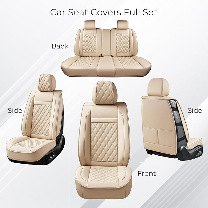 Huidasource Beige Car Seat Covers Front Seats, Front Seat Cover for Cars, Nappa Leather Automotive Car Seat Cushion Protector Universal Fit for Most Cars,Vans,Trucks, SUVs (Front Pair/Beige)