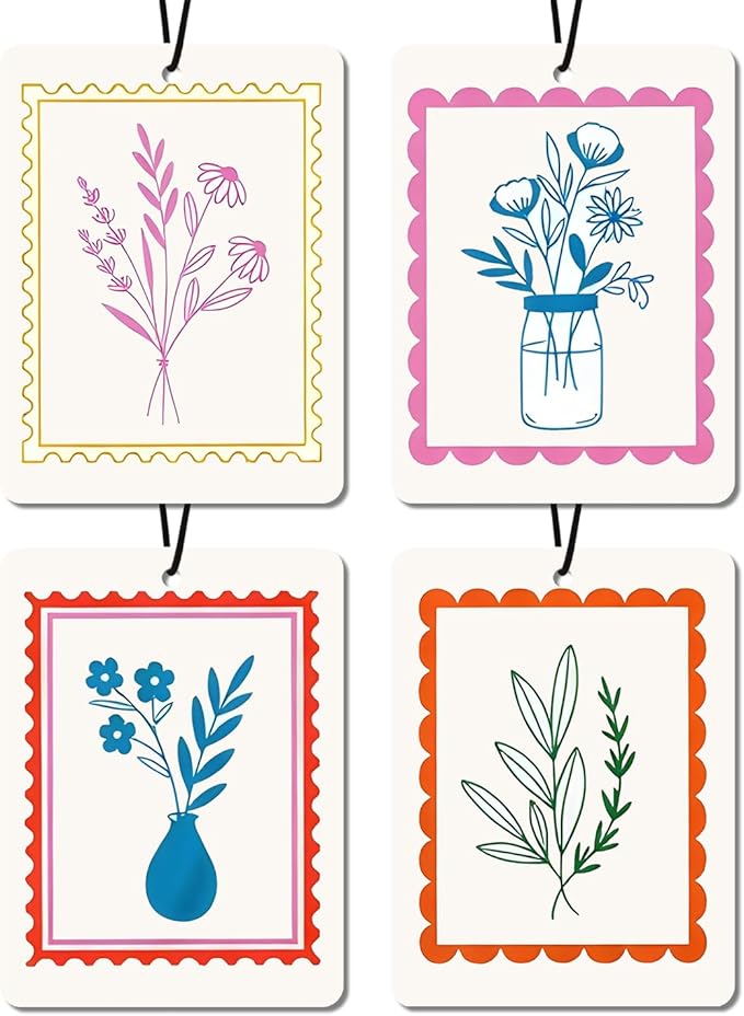 Floral Stamp Car Air Fresheners - Colorful Flower Vase & Bouquet Designs,Natural Non Toxic Air Freshener, 4 - Pack Ideal Decor & Gift for Nature Lovers, for Car, Closet & Home
