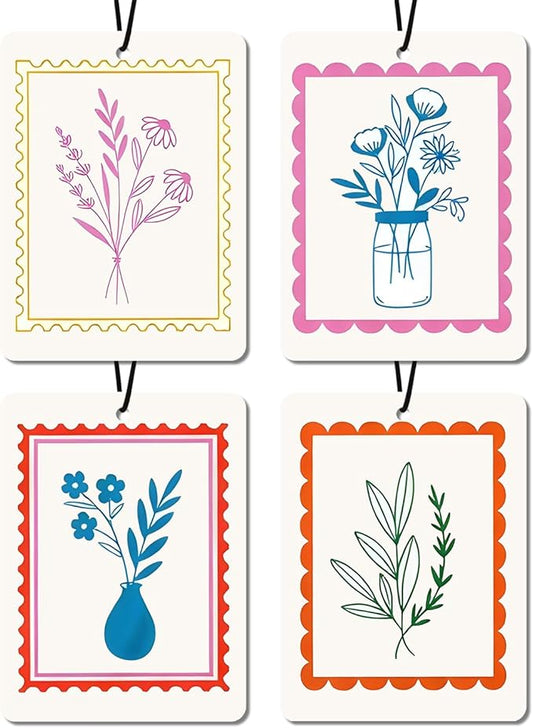 Floral Stamp Car Air Fresheners - Colorful Flower Vase & Bouquet Designs,Natural Non Toxic Air Freshener, 4 - Pack Ideal Decor & Gift for Nature Lovers, for Car, Closet & Home