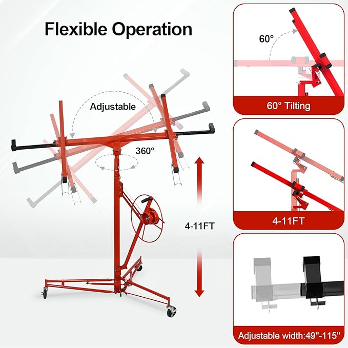 11FT Drywall Lift Sheetrock Lift, 150LBS Capacity, Drywall Lift Panel Hoist with Black Telescopic Arm, Drywall Jack Lift with 3 Lockable Wheels for Home Improvement, 4'x16' Panel Size, Red