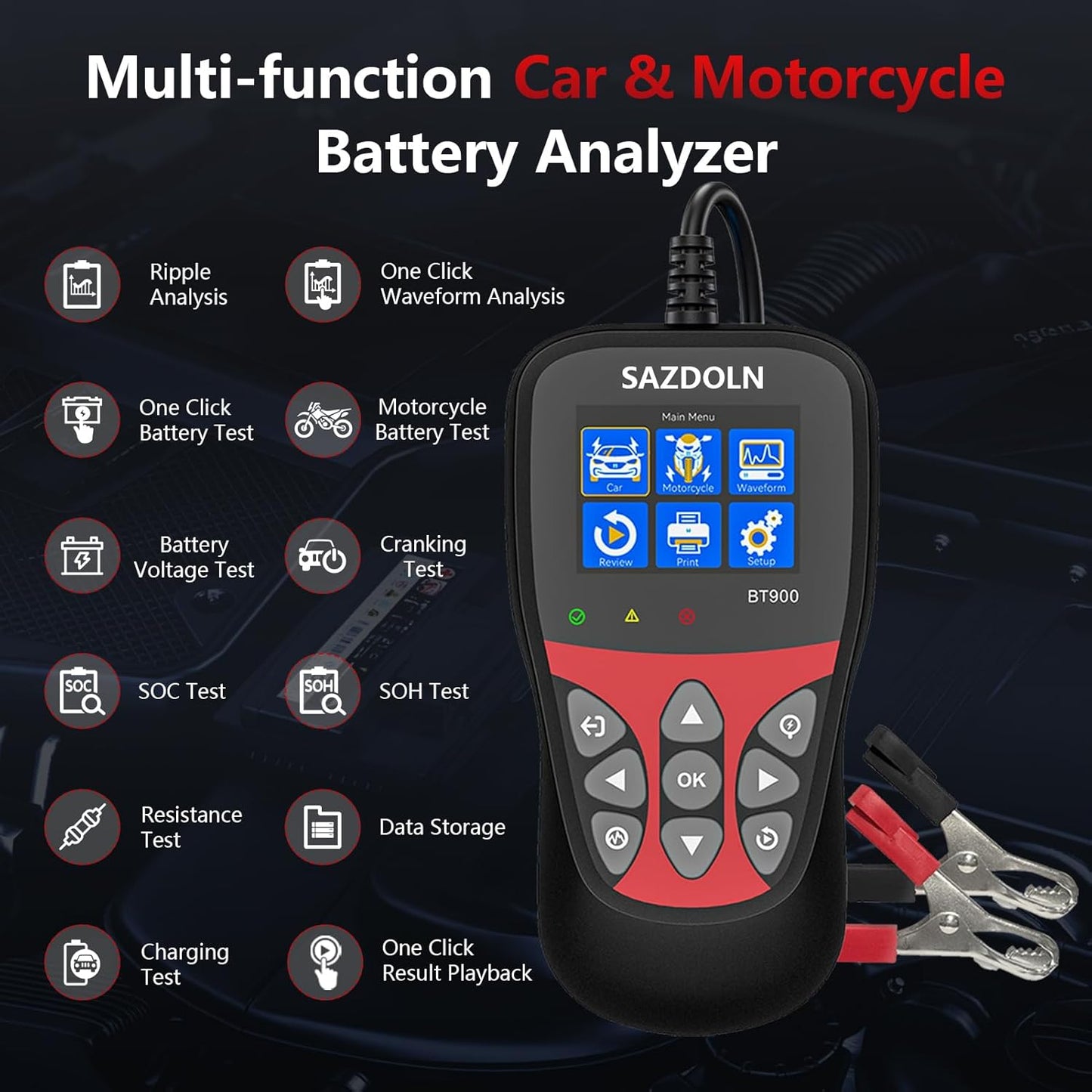 BT900 Car-Battery-Tester 6V 8V 12V, Automotive 100-2000CCA Battery-Load-Tester Analyzer, Digital Auto Battery Analyzer for Car Truck Marine Motorcycle SUV Boat,Black ﻿