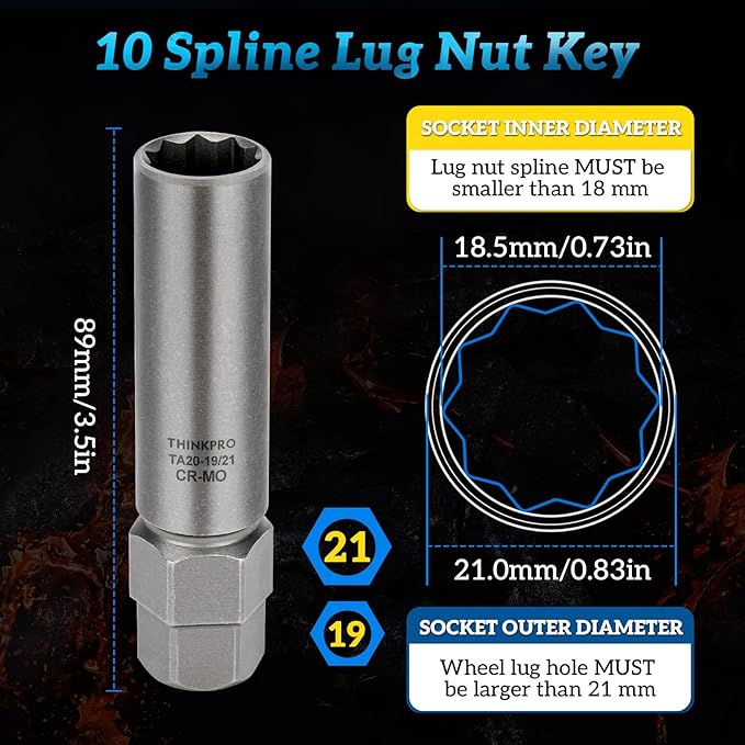 10 Spline Lug Nut Socket,Replacement for Ta20 19/21 10 Spline Lug Nut Key,Dual Drive 10 Point Wheel Lock Key,Compatible with Bimecc 10 Point Socket.
