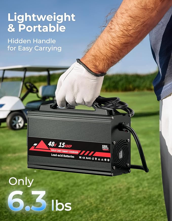 KEMIMOTO 48V Golf Cart Charger for EZGO RXV/TXT, 15A Golf Cart Battery Charger, Overcharge Protection, Full in 4-6H, Trickle Charge, 16 ft, 3-Pin Triangle Plug, for Lead Acid Battery