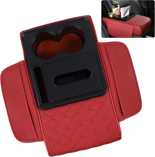 5 in 1 Car Armrest Storage Box for Center Console, Armrest Cushion Cover for Car with 2 Cup Holders Storage Bags, Tissue Box, Phone Slot, Premium Memory Foam with Nappa Leather, 14.2*7.9*2.8in (Red)